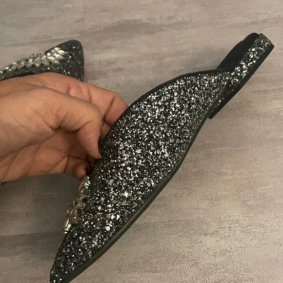 Birdies Swan Jeweled Gunmetal - Black Sparkle Embellished Mules- Size 10- - Picture 8 of 10